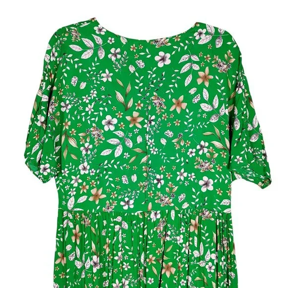 Zara Tiered Floral Green Dress Size Medium V Neck Short Sleeve Pullover - Picture 7 of 11